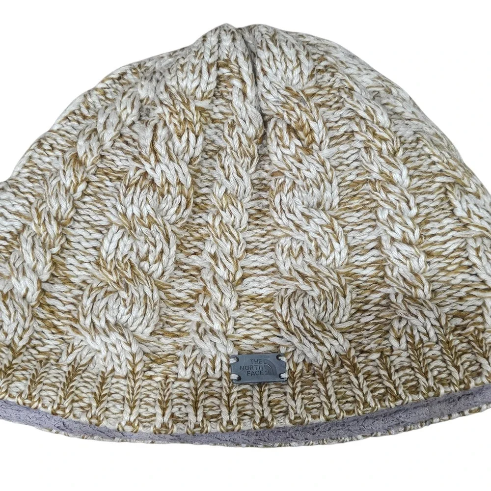 The North Face Minna Cable Knit Beanie Hat Fleece‎ Lined Brown Beige One Size
